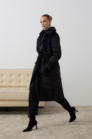 Monze Düğmeli Kürk Garnili Şişme Mont SİYAH