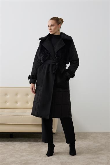 Monze Düğmeli Kürk Garnili Şişme Mont SİYAH