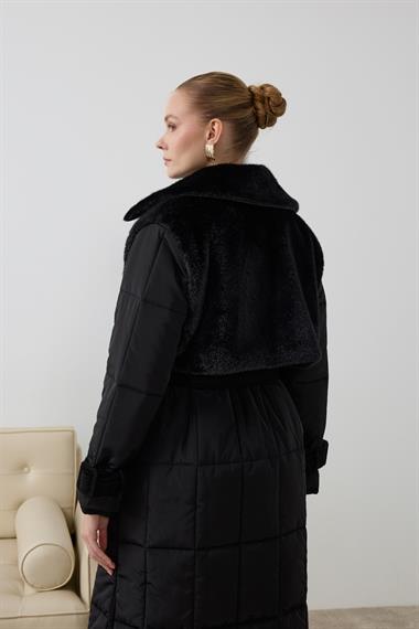 Monze Düğmeli Kürk Garnili Şişme Mont SİYAH