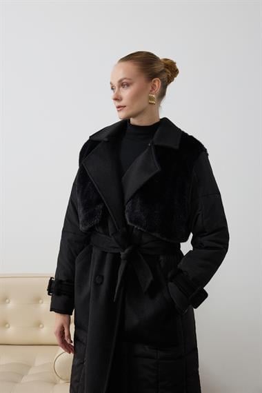 Monze Düğmeli Kürk Garnili Şişme Mont SİYAH
