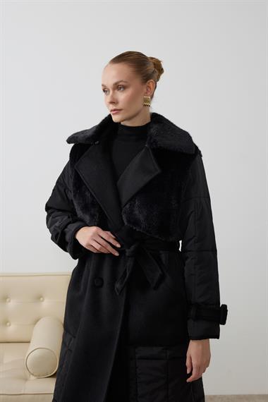Monze Düğmeli Kürk Garnili Şişme Mont SİYAH
