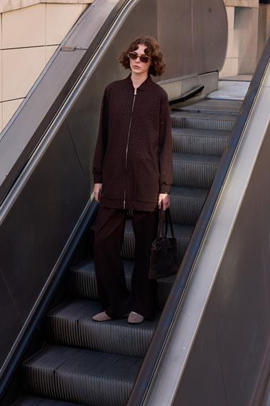 Nairobi Fermuarlı Taşlı Pantolonlu Takım KAHVERENGİ