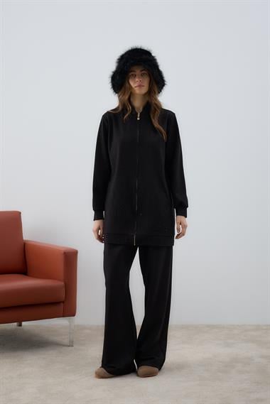 Nairobi Fermuarlı Taşlı Pantolonlu Takım SİYAH