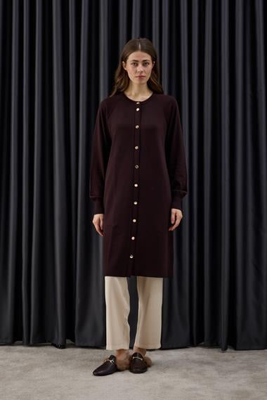 Nely Gold Düğmeli Kısa Triko Hırka KAHVERENGİ