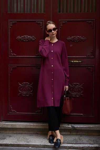 Nely Gold Düğmeli Kısa Triko Hırka MÜRDÜM