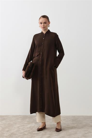 New Capri Asimetrik Cepli Uzun Tunik KAHVERENGİ