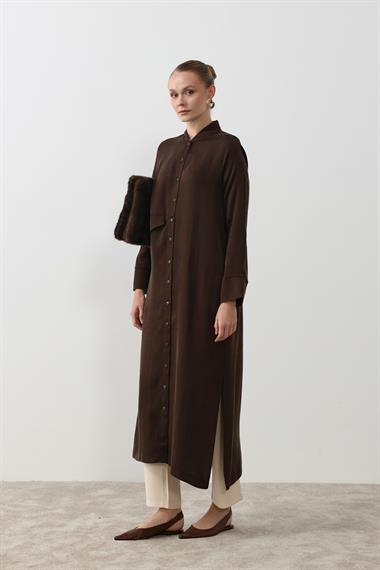 New Capri Asimetrik Cepli Uzun Tunik KAHVERENGİ