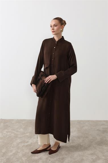 New Capri Asimetrik Cepli Uzun Tunik KAHVERENGİ