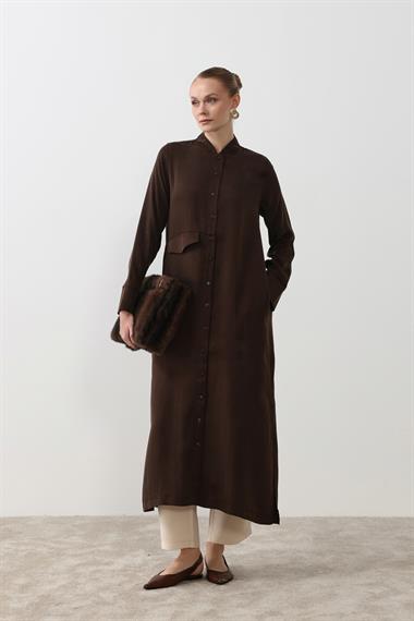 New Capri Asimetrik Cepli Uzun Tunik KAHVERENGİ