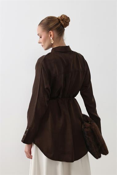 New Como Düğmeli Kuşaklı Gömlek KAHVERENGİ