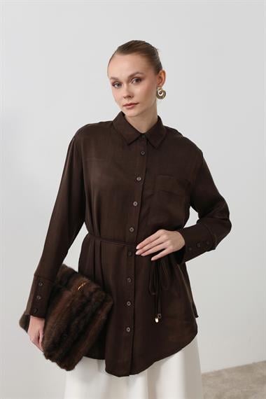 New Como Düğmeli Kuşaklı Gömlek KAHVERENGİ