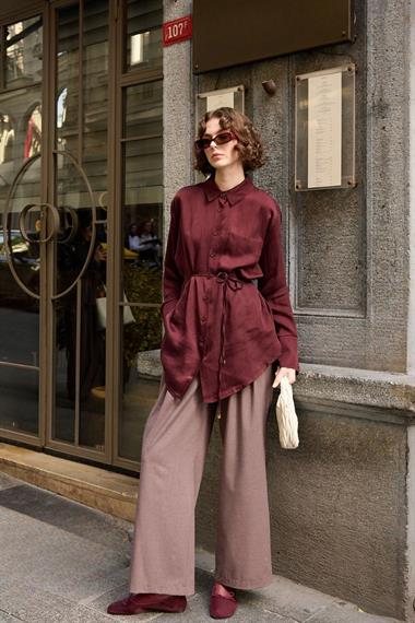 New Como Düğmeli Kuşaklı Gömlek MÜRDÜM