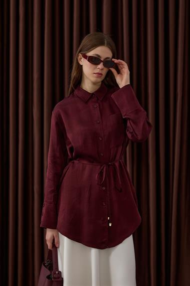 New Como Düğmeli Kuşaklı Gömlek MÜRDÜM