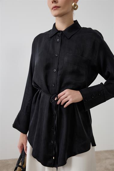 New Como Düğmeli Kuşaklı Gömlek SİYAH
