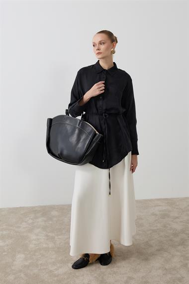 New Como Düğmeli Kuşaklı Gömlek SİYAH