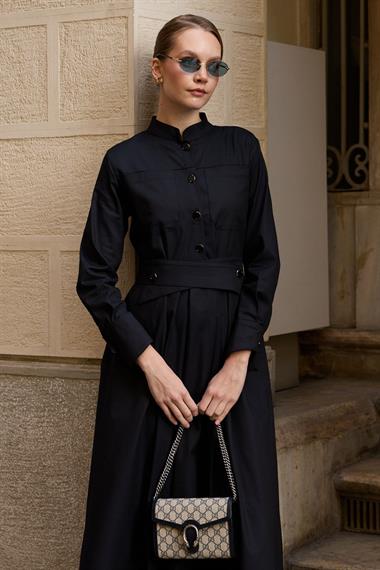 New Dore Kendinden Kemerli Elbise LACİVERT