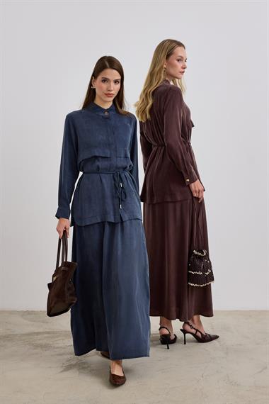 New Jasmine Halat Kemerli Etekli Takım LACİVERT