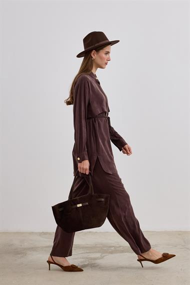 New Jasmy Halat Kemerli Pantolonlu Takım KAHVERENGİ