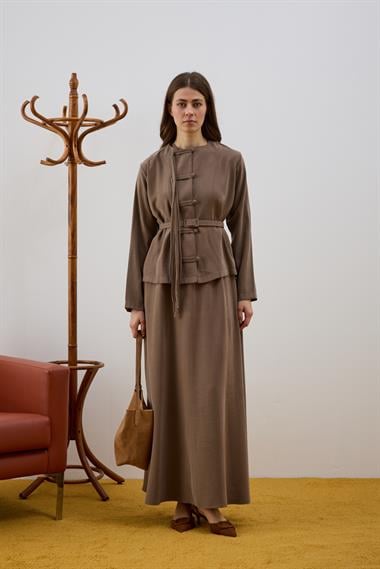 New Sofia Sosis Biyeli İçlik Elbiseli Takım VİZON