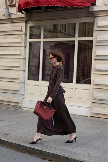 New Sofia Sosis Biyeli İçlik Elbiseli Takım KAHVERENGİ