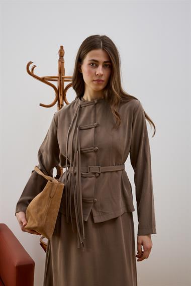 New Sofia Sosis Biyeli İçlik Elbiseli Takım VİZON