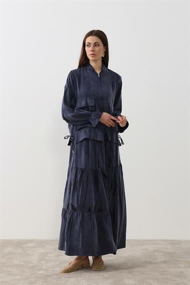 Nicole Fermuarlı Jakar Garnili Etekli Takım LACİVERT