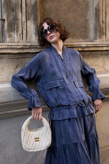 Nicole Fermuarlı Jakar Garnili Etekli Takım LACİVERT