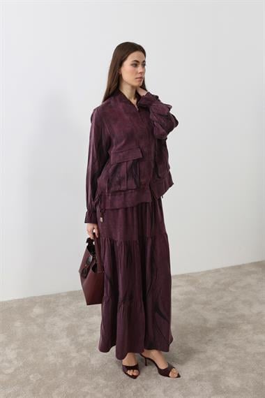 Nicole Fermuarlı Jakar Garnili Etekli Takım MÜRDÜM