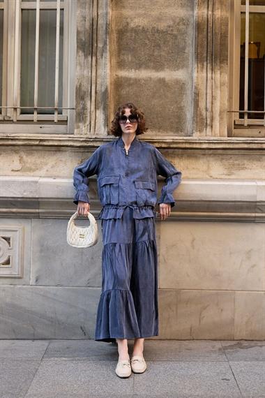 Nicole Fermuarlı Jakar Garnili Etekli Takım LACİVERT