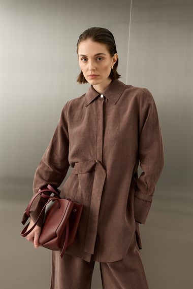 Nova Yandan Kuşaklı Keten Lyocell Pantolonlu Takım KAHVERENGİ