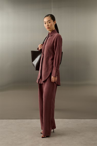 Nova Yandan Kuşaklı Keten Lyocell Pantolonlu Takım MÜRDÜM