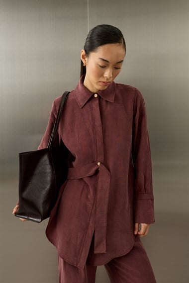 Nova Yandan Kuşaklı Keten Lyocell Pantolonlu Takım MÜRDÜM