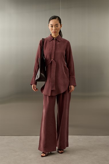 Nova Yandan Kuşaklı Keten Lyocell Pantolonlu Takım MÜRDÜM