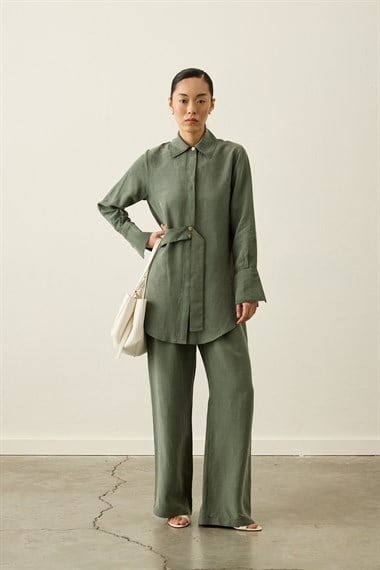 Nova Yandan Kuşaklı Keten Lyocell Pantolonlu Takım HAKİ