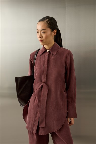 Nova Yandan Kuşaklı Keten Lyocell Pantolonlu Takım MÜRDÜM