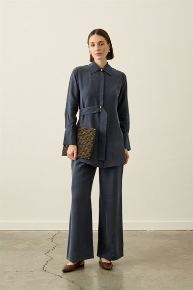 Nova Yandan Kuşaklı Keten Lyocell Pantolonlu Takım LACİVERT