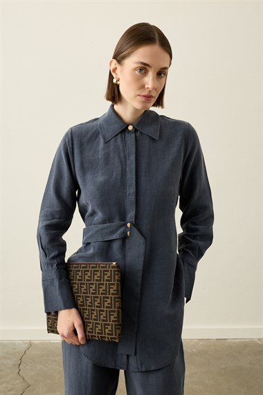 Nova Yandan Kuşaklı Keten Lyocell Pantolonlu Takım LACİVERT