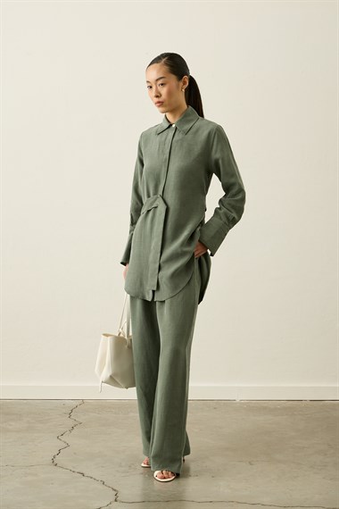 Nova Yandan Kuşaklı Keten Lyocell Pantolonlu Takım HAKİ