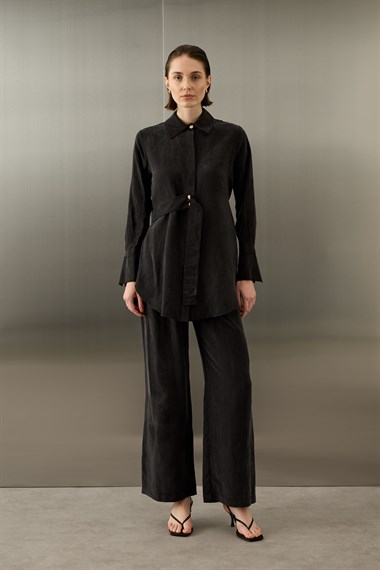 Nova Yandan Kuşaklı Keten Lyocell Pantolonlu Takım SİYAH