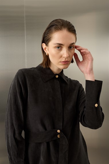 Nova Yandan Kuşaklı Keten Lyocell Pantolonlu Takım SİYAH