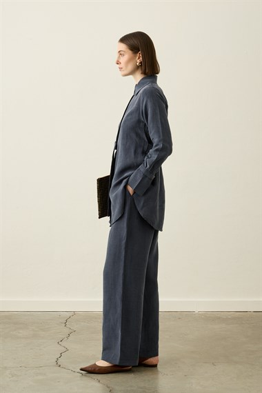 Nova Yandan Kuşaklı Keten Lyocell Pantolonlu Takım LACİVERT