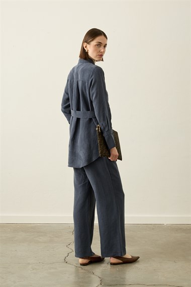 Nova Yandan Kuşaklı Keten Lyocell Pantolonlu Takım LACİVERT