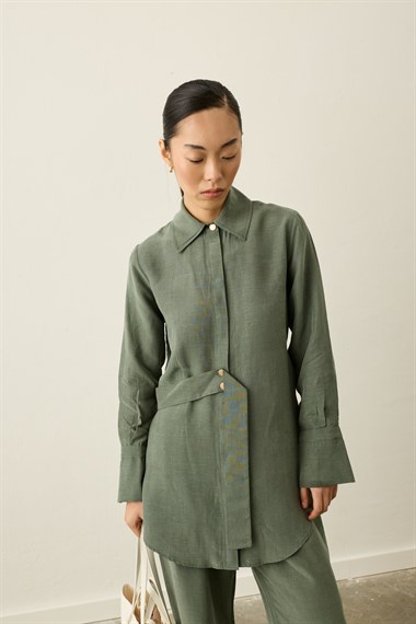 Nova Yandan Kuşaklı Keten Lyocell Pantolonlu Takım HAKİ