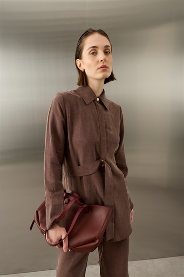 Nova Yandan Kuşaklı Keten Lyocell Pantolonlu Takım KAHVERENGİ