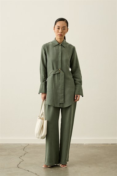 Nova Yandan Kuşaklı Keten Lyocell Pantolonlu Takım HAKİ