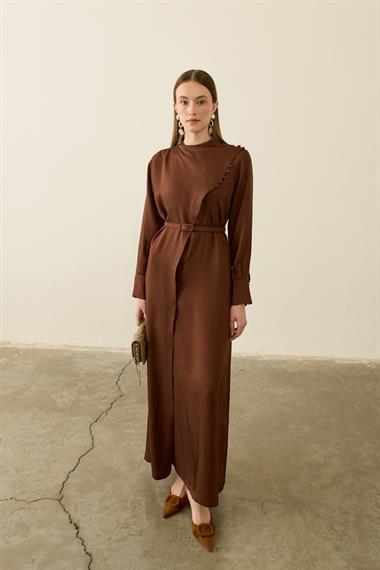 Olivia Degaje Yaka Britli Şık Elbise KAHVERENGİ