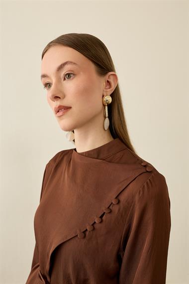 Olivia Degaje Yaka Britli Şık Elbise KAHVERENGİ