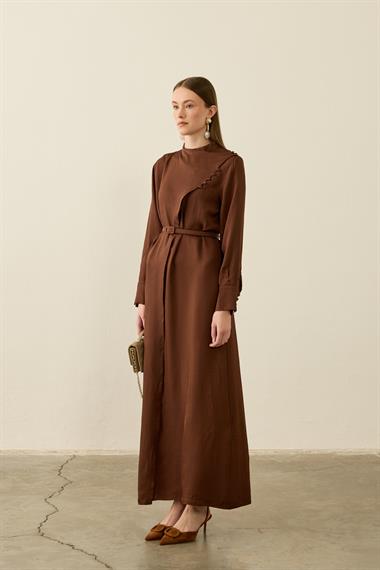 Olivia Degaje Yaka Britli Şık Elbise KAHVERENGİ
