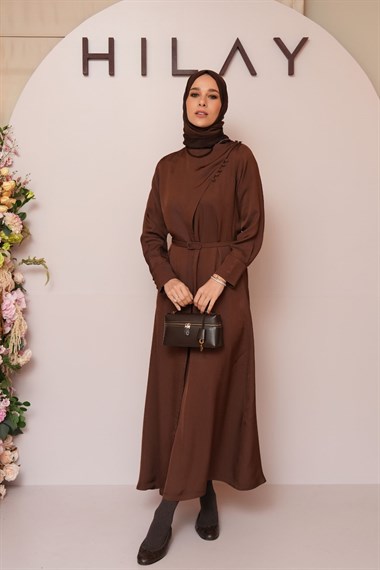 Olivia Degaje Yaka Britli Şık Elbise KAHVERENGİ