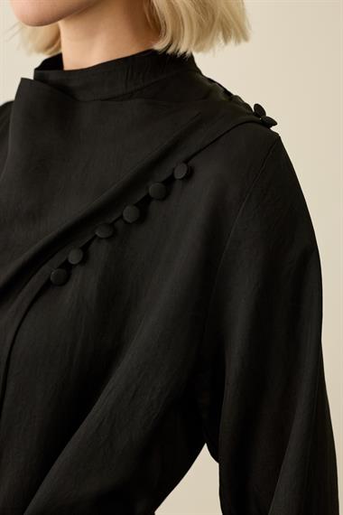 Olivia Degaje Yaka Britli Şık Elbise SİYAH